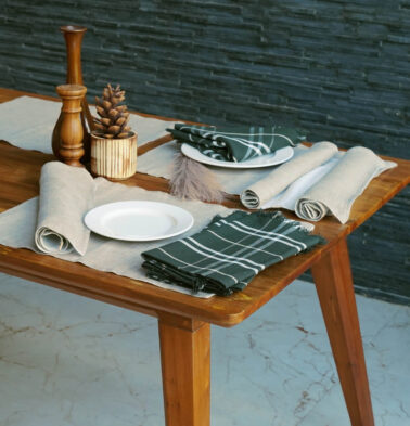 Vanilla White Linen Tablemats & Green Checks Napkin Combo