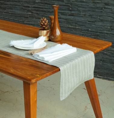 Classic Stripes Grey Linen Table Runner & White Napkins Combo