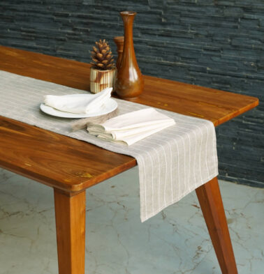 Classic Stripes Beige Linen Table Runner & Beige Napkins Combo