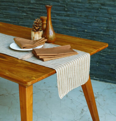 Twin Stripes Orange Linen Table Runner & Brown Napkins Combo