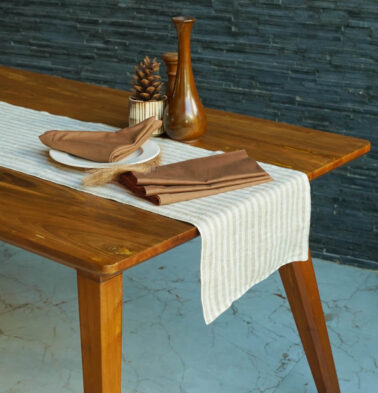Twin Stripes Beige Linen Table Runner & Brown Napkins Combo