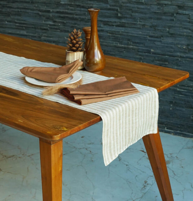 Twin Stripes Beige Linen Table Runner & Brown Napkins Combo