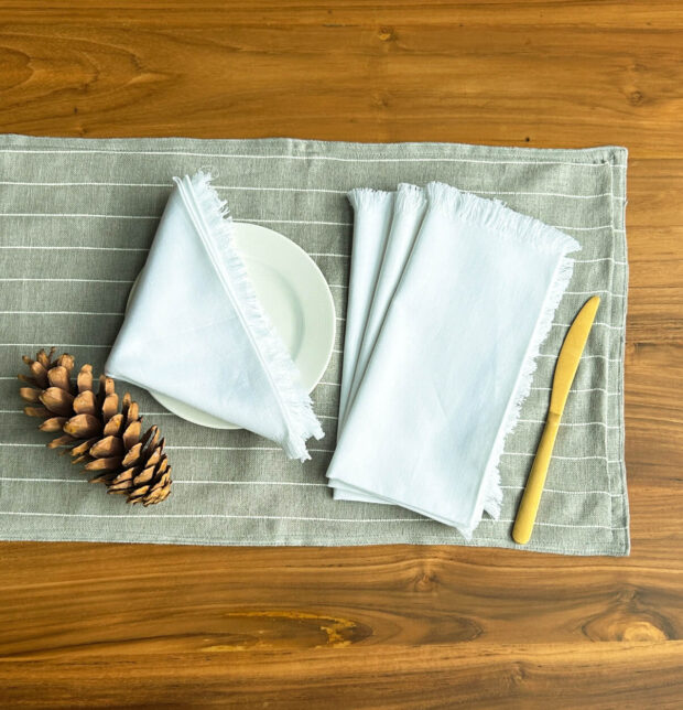 Classic Stripes Grey Linen Table Runner & White Napkins Combo