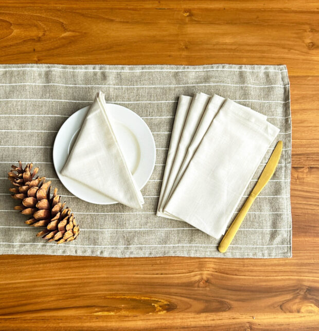 Classic Stripes Beige Linen Table Runner & Beige Napkins Combo