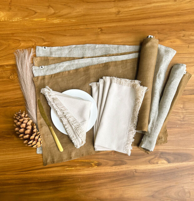 Toffee Brown Linen Tablemats & Beige Napkins Combo
