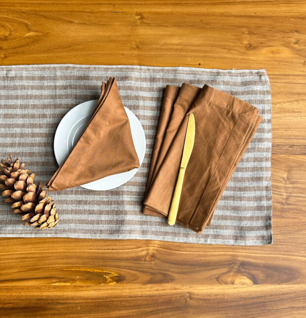 Twin Stripes Orange Linen Table Runner & Brown Napkins Combo