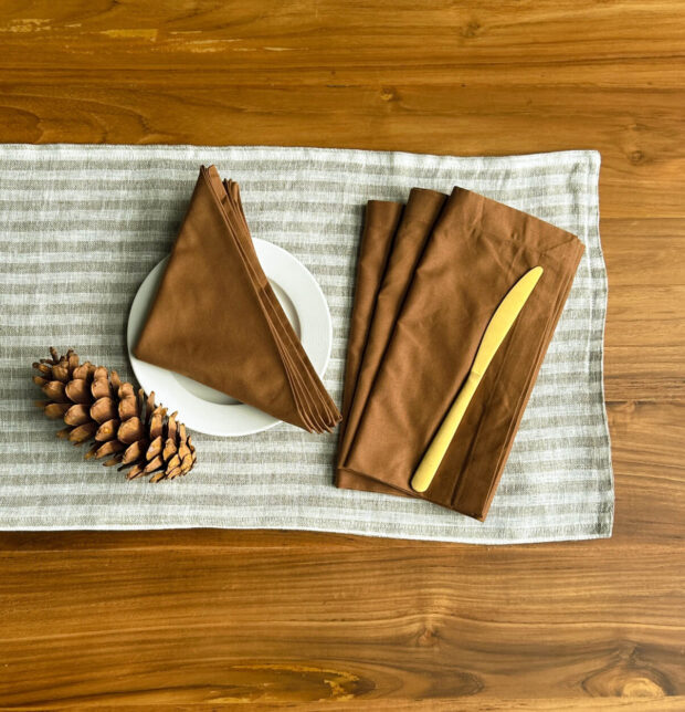 Twin Stripes Beige Linen Table Runner & Brown Napkins Combo