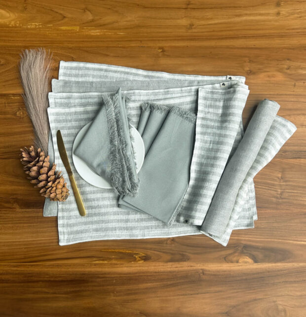 Twin Stripes Silver Linen Tablemats & Pigeon Grey Napkins Combo
