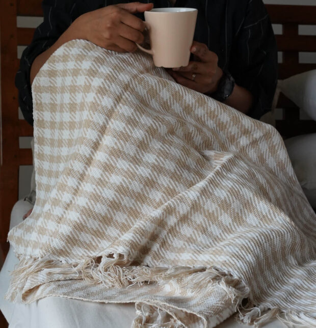 Houndstooth Handwoven Cotton Throw Beige/White