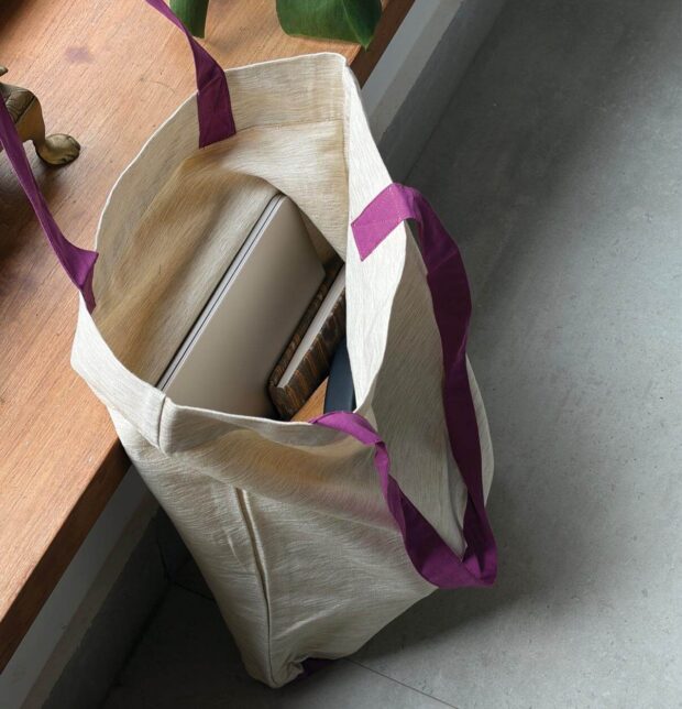 Textura Cotton Tote Bag Beige / Purple