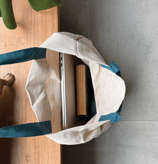 Textura Cotton Tote Bag Beige / Blue