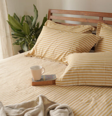 Morning Stripe Cotton Bedsheet – Yellow (with 2 Pillow Covers)