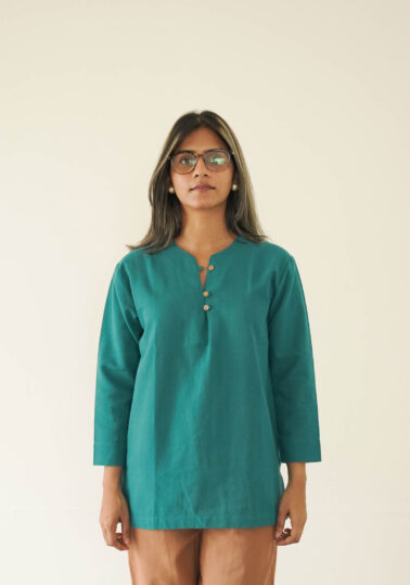 Colette Buttoned Cotton Top for Women – Teal Green