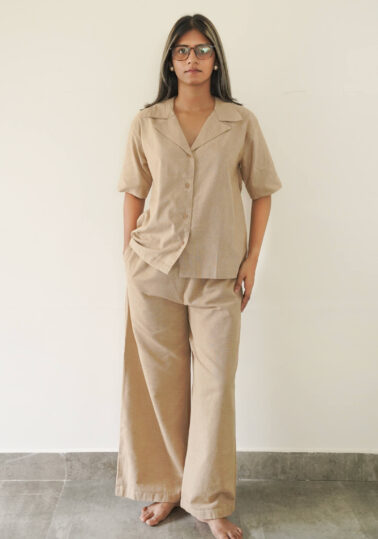 Contour Pinstripe Cotton Co-ord Set for Women – Khaki Beige