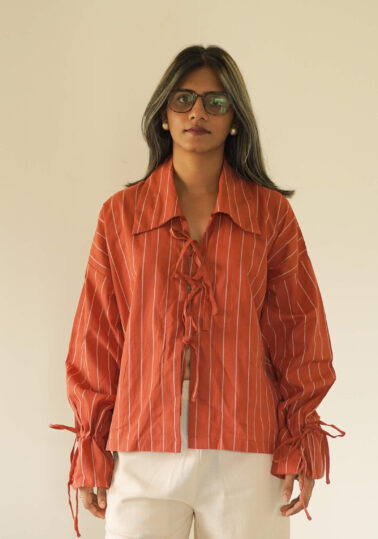 Solenne Tie-Front Cotton Shirt for Women – Rust Orange Stripe