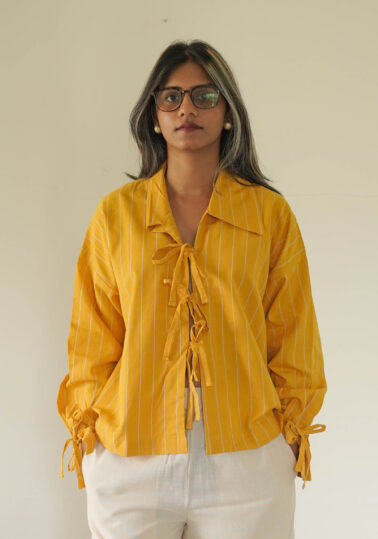 Solenne Tie-Front Cotton Shirt for Women – Yellow Stripe