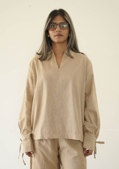 Tie Sleeve Cotton Top for Women – Khaki Beige