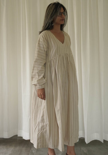 Celeste Stripes Gathered Maxi Dress for Women – Beige