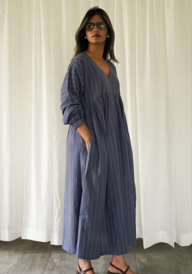 Celeste Stripes Gathered Maxi Dress for Women – Blue