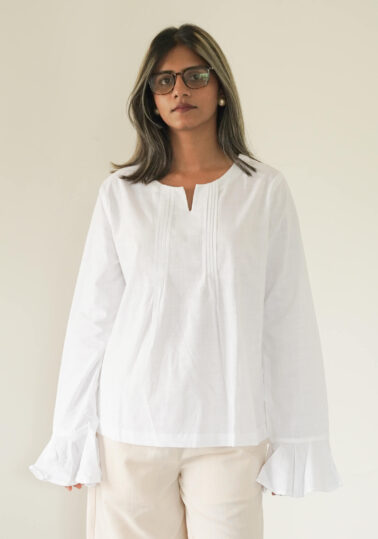Slub Cotton Flare Sleeve Top for Women – White
