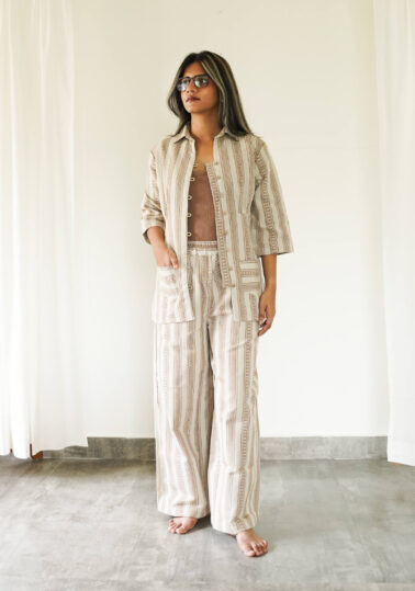 Vintage Stripe Cotton Jacket Co-ord Set for Women – Beige & Brown