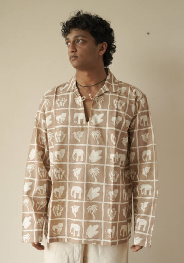 Jungle Print Notch Collar Pullover Shirt for Men – Sand Brown