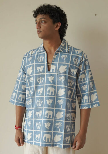 Jungle Print Relaxed Collared Pullover Shirt for Men – Blue
