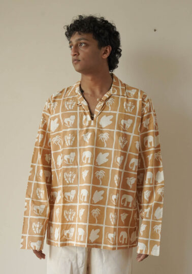 Jungle Print Notch Collar Pullover Shirt for Men – Mustard