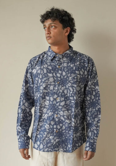 Dahlia Print Full-Sleeve Button-Down Cotton Shirt for Men - Navy