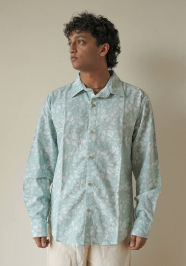 Dahlia Print Full-Sleeve Button-Down Cotton Shirt for Men - Teal