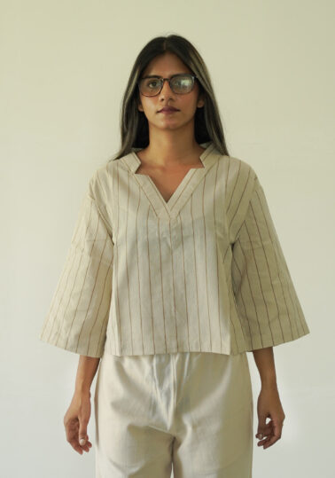 Classic Striped Notch Cotton Crop Top for Women - Beige