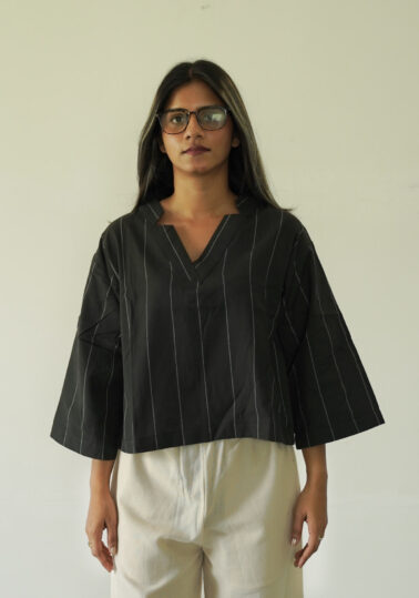 Classic Striped Notch Cotton Crop Top for Women - Black