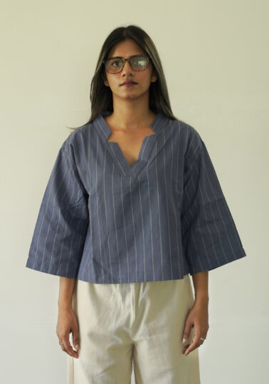 Classic Striped Notch Cotton Crop Top for Women - Blue