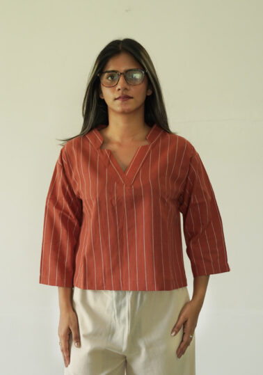 Classic Striped Notch Cotton Crop Top for Women - Rust Orange