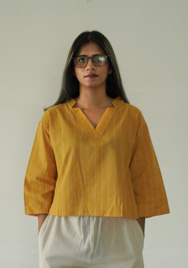 Classic Striped Notch Cotton Crop Top for Women - Yellow