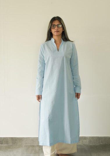 Slub Mandarin Collar Cotton Kurta for Women - Blue