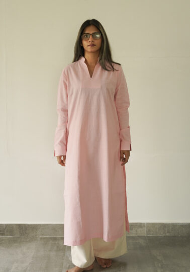 Slub Mandarin Collar Cotton Kurta for Women - Baby Pink