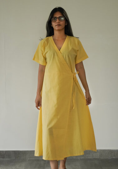 Elara Cotton Wrap Midi Dress for Women – Yellow
