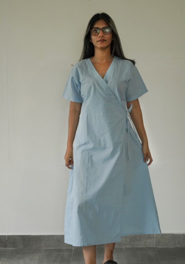 Elara Cotton Wrap Midi Dress for Women – Blue