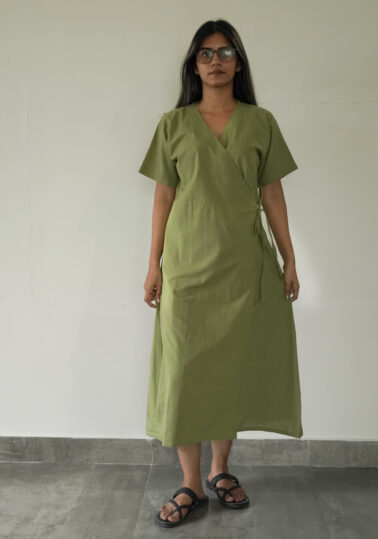 Elara Cotton Wrap Midi Dress for Women – Green