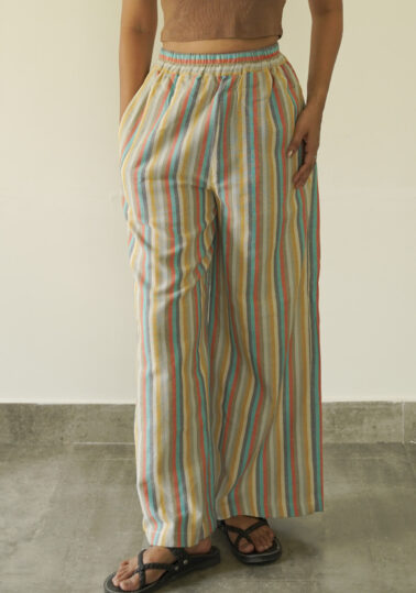 Pastel Stripe Wide-Leg Cotton Pants for Women – Multicolour