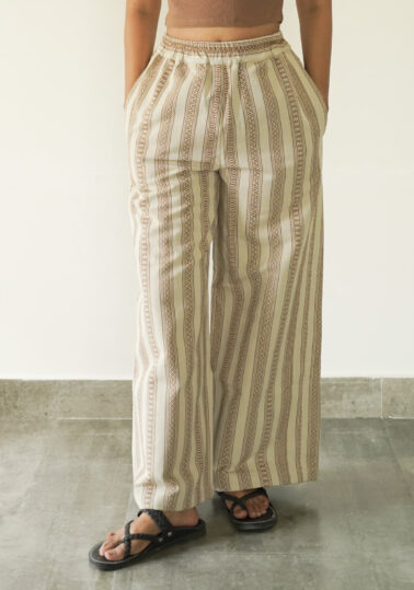 Vintage Stripe Wide-Leg Cotton Pants for Women – Beige & Brown