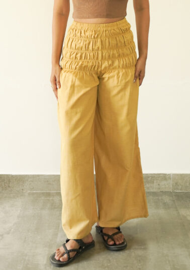 Pinstripes Smocked Waist Flared Cotton Pants for Women - Mustard Yellow