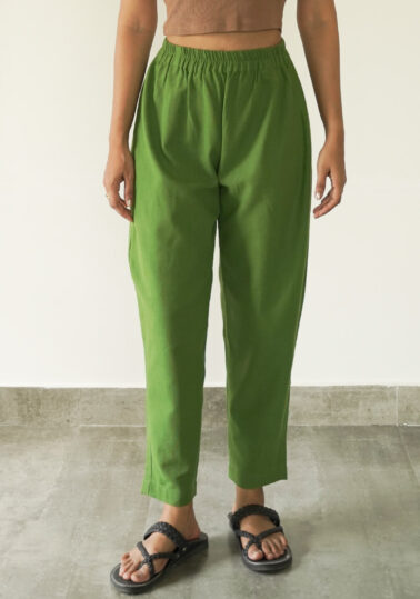Solid Tapered Cotton Pants for Women - Forest Green