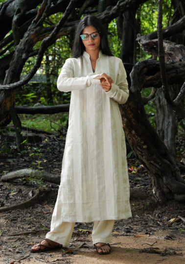 Stripe Mandarin Collar Linen Kurta for Women - Beige