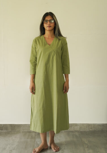 Slub A-Line Cotton Midi Dress for Women - Green