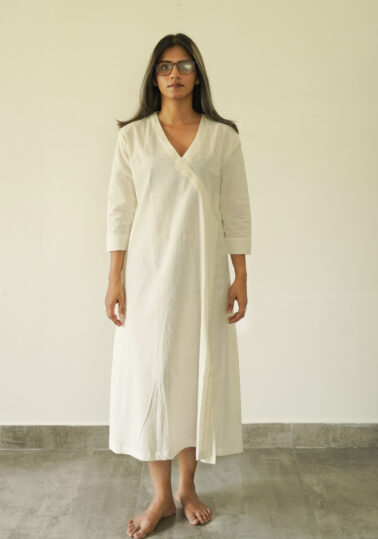 Slub A-Line Cotton Midi Dress for Women - Cream