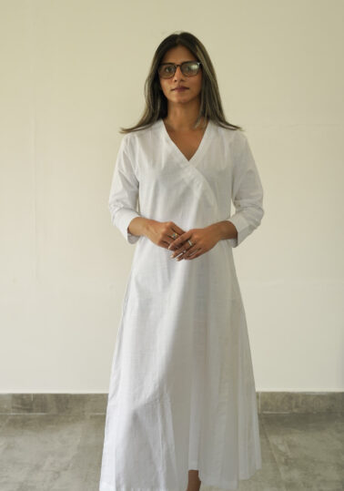 Slub A-Line Cotton Midi Dress for Women - White