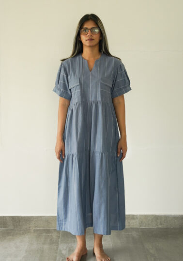 Striped Tiered Cotton Midi Dress for Women - Blue