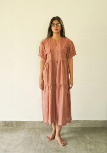 Striped Tiered Cotton Midi Dress for Women - Pink